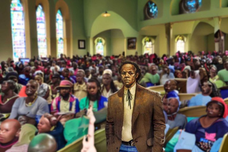 Sam Sharpe standing in Church with people- Sam Sharpe Heroes United
